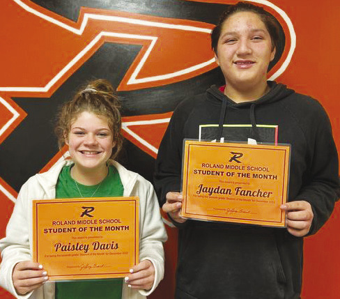 Roland Middle School seventh grade Students of the Month for December are Paisley Davis, left, and Jaydan Fancher.