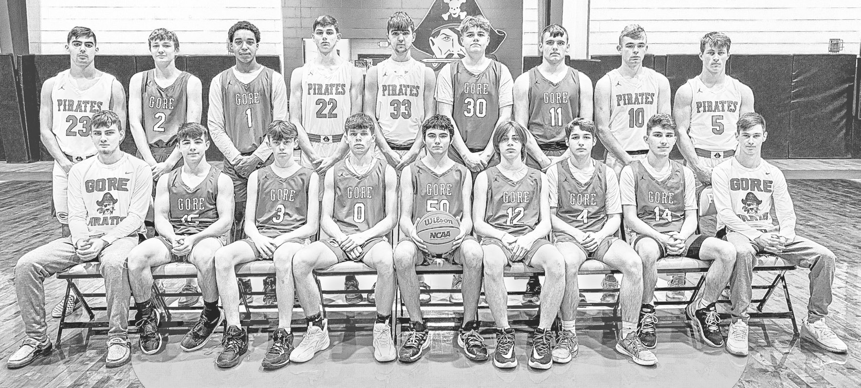 Members of the Gore boy’s basketball team are: (bottom row) Beau Brown, Tate Brooksher, Cain Cooper, Bryon McDuffie, Gabe Hefley, Burr Jaynes, Nash Thouvenel, Bryson Thouvenel and Dayton Smith; (top row) Keigan Reid, Ayden Cox, Journey Shells, Riley Huff, Aidan Dickerson, Logan Markou, Noah Cooper, Ben Kirkpatrick and Jackson Duke.