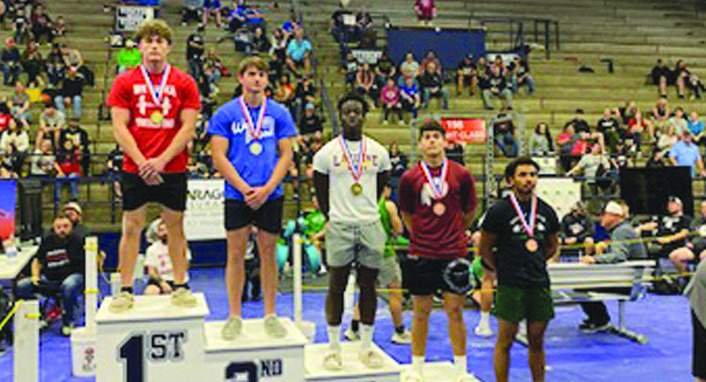 Webbers Falls junior Maddux Shelby (fourth from left) finished fourth Saturday in the 181-pound weight division of the Class B powerlifting state meet at El Reno. Shelby recorded 13 points at the state meet. SUBMITTED PHOTO