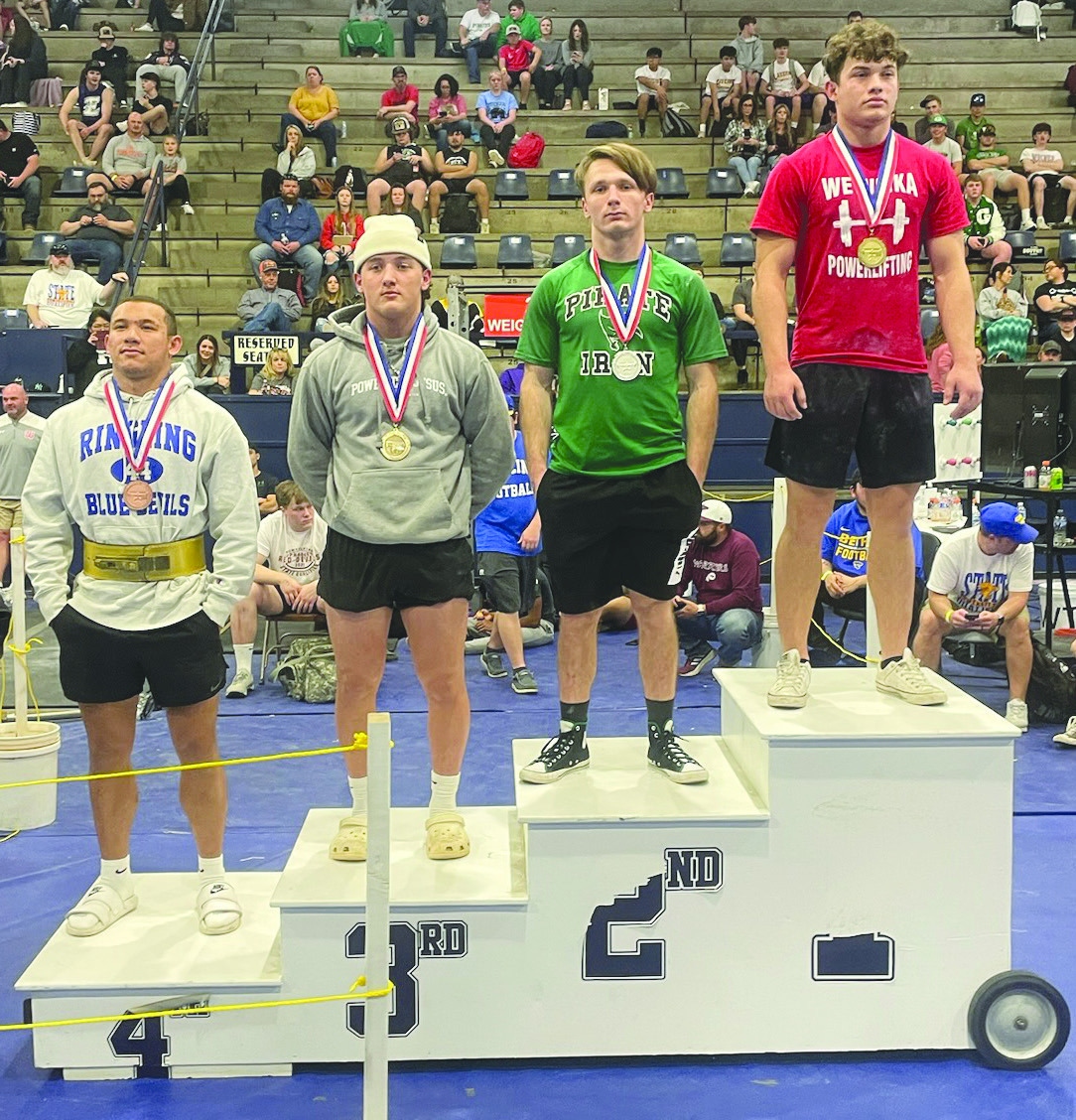 Gore senior Alex Hallum (third from left) finished second Saturday in the 168-pound weight division of the Class A powerlifting state meet at El Reno High School. Hallum registered 18 points at the meet. SUBMITTED PHOTO