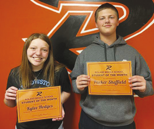 Eighth Grade Roland Middle School February Students of the Month for eighth grade classes were Kylee Hodges, left, and Parker Sheffield.