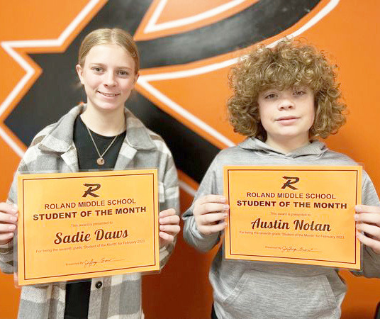 Seventh Grade Roland Middle School February Students of the Month for seventh grade classes were Sadie Daws, left, and Austin Nolan.