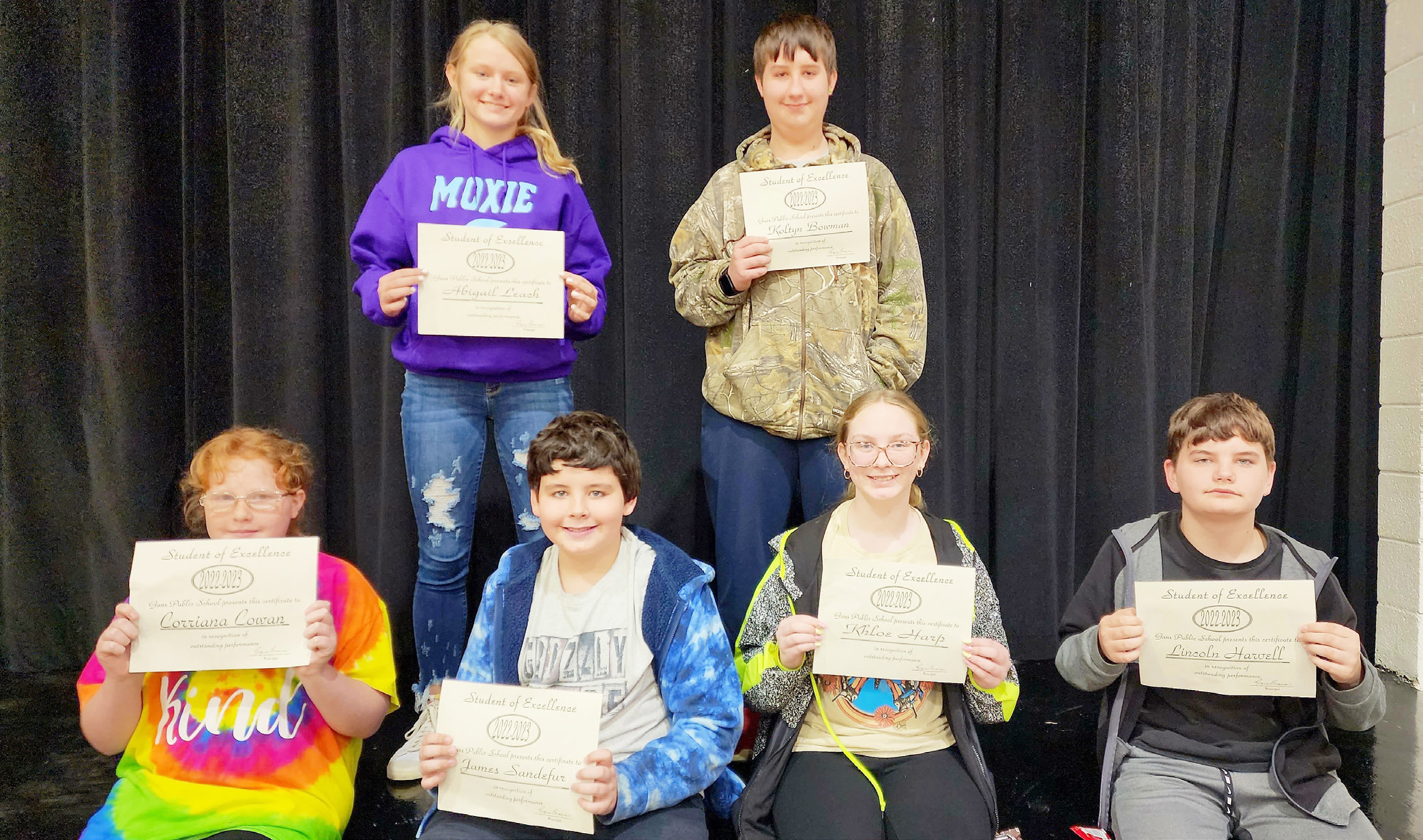 Gans Middle School Front row, Corrina Cowen, James Sandefur, Khloe Harp and Lincoln Harvell. Back row, Abigail Leach and Koltyn Bowman. Not Pictured, Amarys White and Preston Bennett.