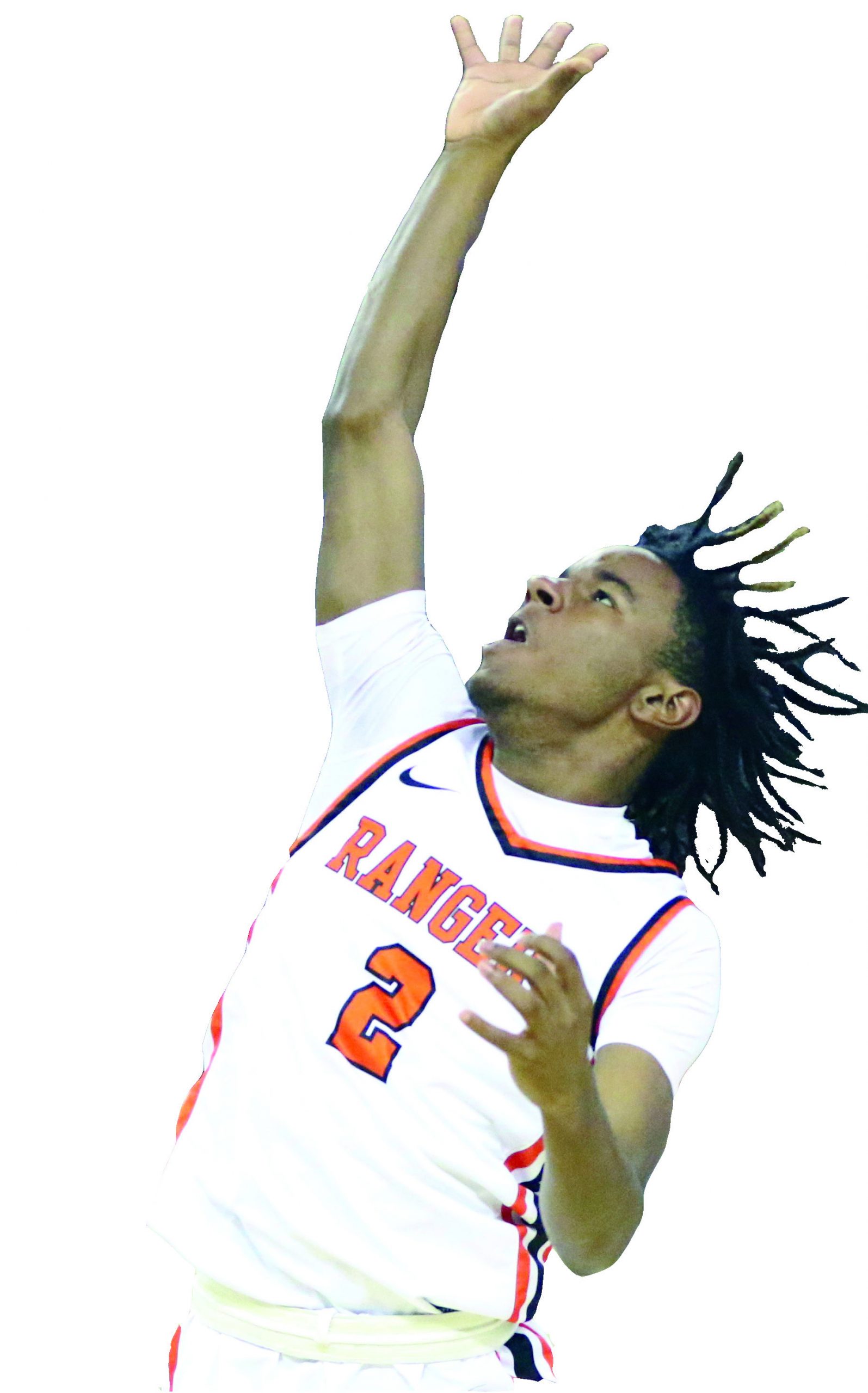 R o l a n d s e n i o r K y e r e e Hall goes up for a shot during Thursday’s Class 3A state t o u r n a m e n t q u a r t e r f i n a l game against Crooked Oak in Oklahoma City. The fourth-ranked Rangers lost 62-46 to the eighthranked Ruf-Nex.